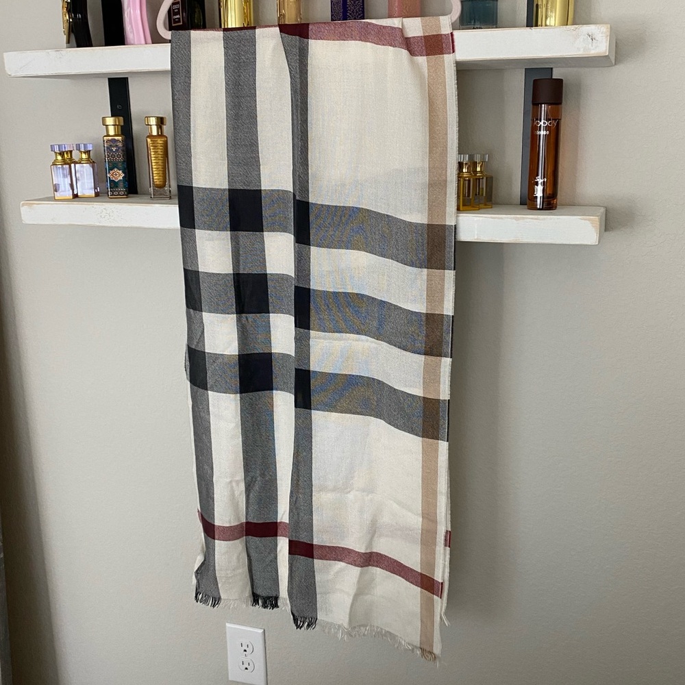 Burberry Cream Plaid Wool-Blend Scarf with Tan, Black & Red Stripes - Picture 3 of 6